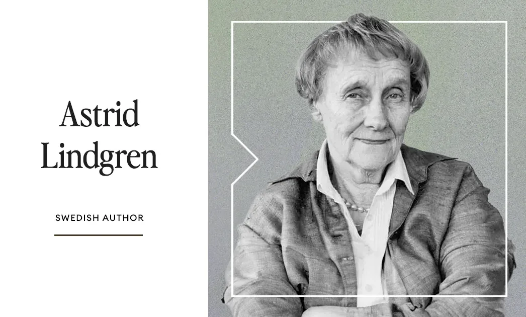 A black and white photo of a Scandinavian woman with the words astrid lindgren.